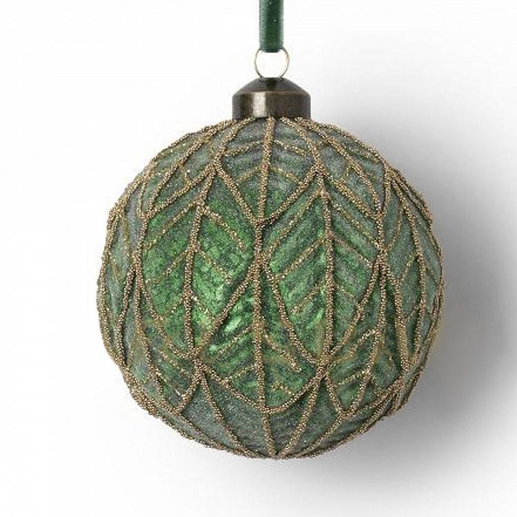 Ёлочная игрушка Зелёный шар с золотым лиственным узором Gold Pattern Ball Green 10 cm