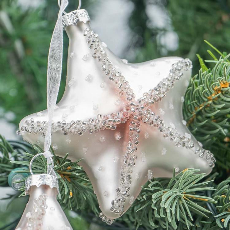 Ёлочная игрушка Бело-розовые морские звёзды Glass Glitter Dangle Starfish White/Pink 8,5 cm