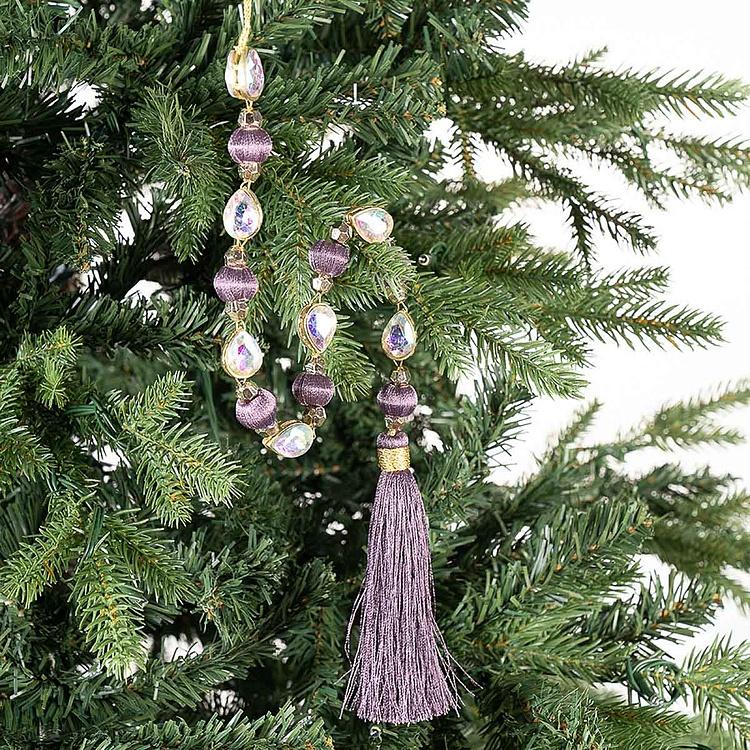 Длинная фиолетовая новогодняя подвеска с крупными стразами Long Tassel With Large Rhinestones Purple 49 cm