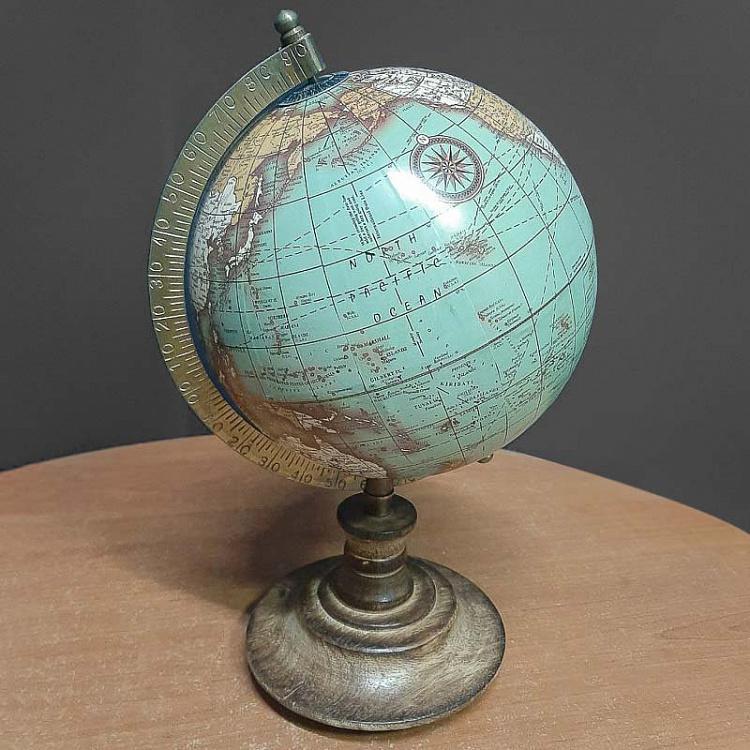 Винтажный зелёный глобус на деревянном основании дисконт1 Vintage Globe Green Gold On Natural Base discount1