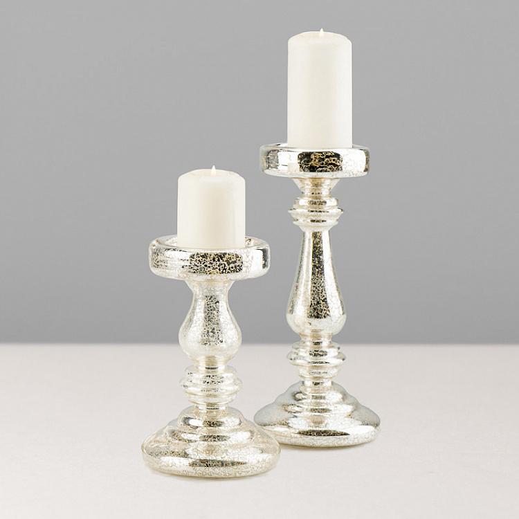 Set Of 2 Glass Antique Candle Holder Silver Champagne