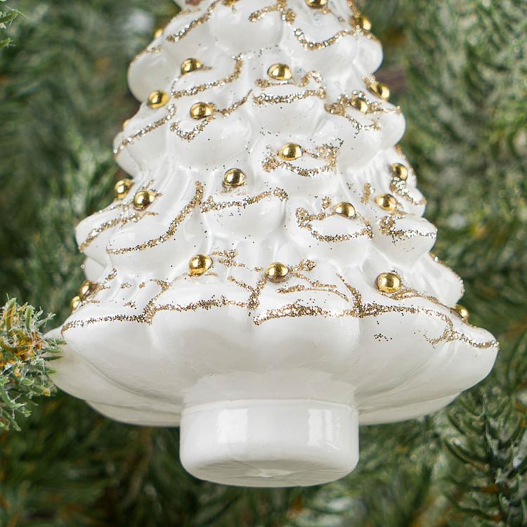 Ёлочная игрушка Белая ёлочка с золотыми бусинами Gold Beads Christmas Tree Ball White 12 cm