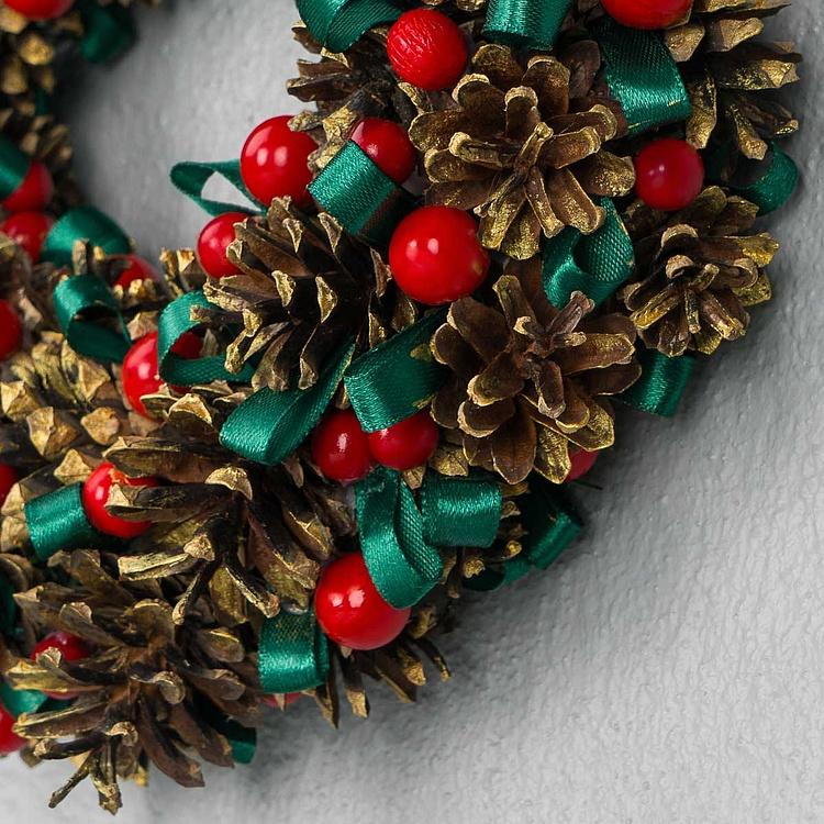 Новогодний венок с ягодами и зелёными лентами Wreath With Berries And Ribbons 25 cm