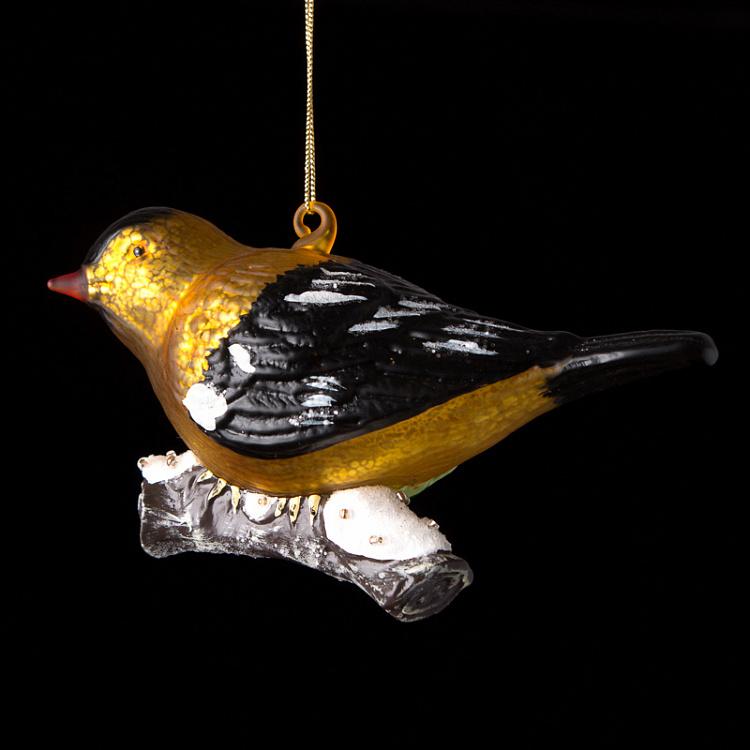 Ёлочная игрушка Птичка на ветке Glass Bird On Twig Yellow Black 12,5 cm