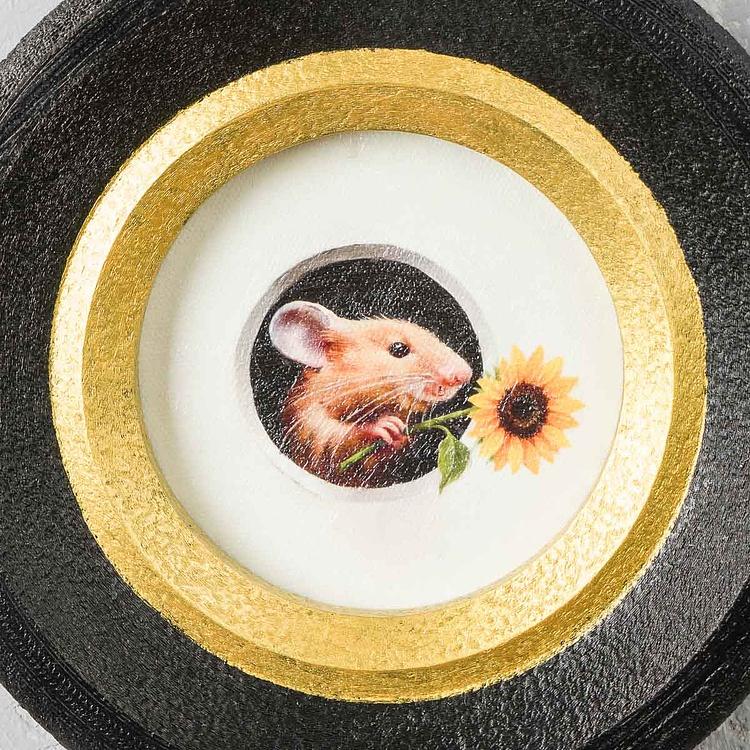 Картина в круглой раме Мышка с подсолнухом Sunflower Mouse Painting In Round Frame