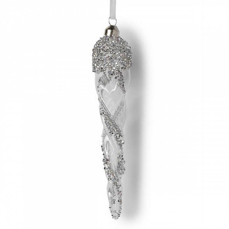 Ёлочная игрушка Прозрачная сосулька с блёстками Clear Icicle With Silver Glitter