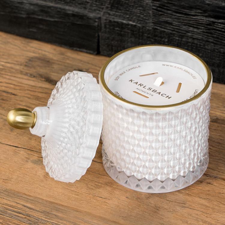 Арома-свеча в белом фасетном стакане Шёлковый цветок, L Aroma Candle In White Faceted Glass Silk Flower Large