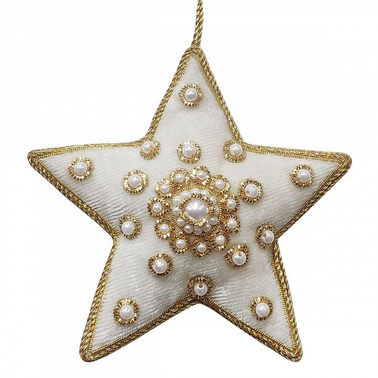 White Velvet Star With Pearls 20 cm