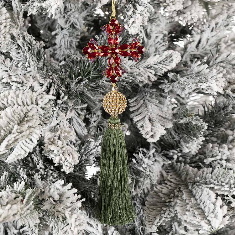 Новогодняя подвеска Красный крест с зелёной кисточкой  Pendant Red Cross With Green Tassel 25 cm