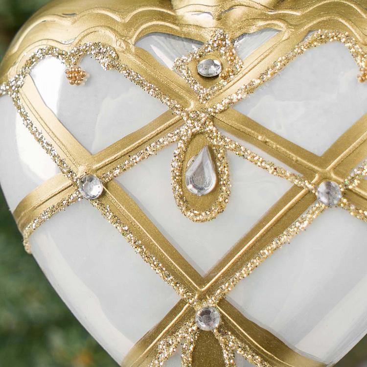 Ёлочная игрушка Белое сердце с золотистым рисунком и стразами White Golden Pattern And Rhinestones Heart White 8 cm