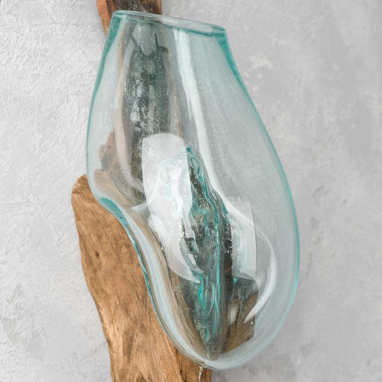 Настенная стеклянная ваза на основании из корней тика Vase Mural En Verre Sur Support Racine