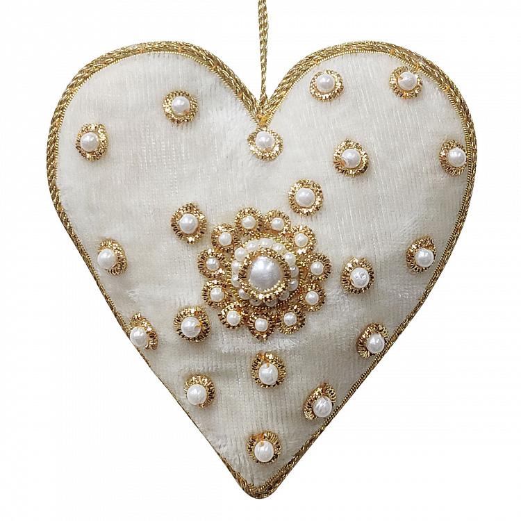 Ёлочная игрушка Белое вельветовое сердце с имитацией жемчужин White Velvet Heart With Pearls 8 cm