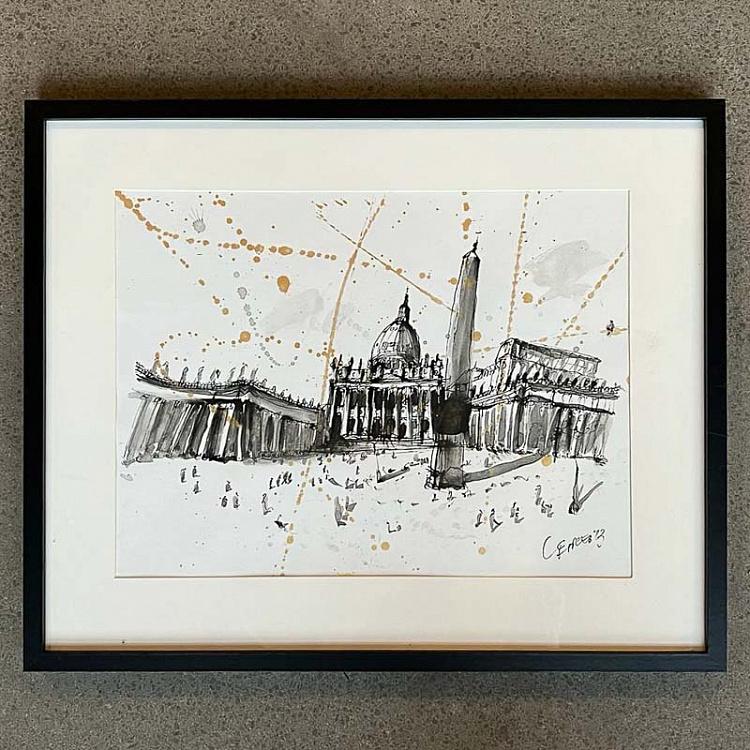 Рисунок тушью с золотом Собор Святого Петра Basilica Di San Pietro Drawing With Gold