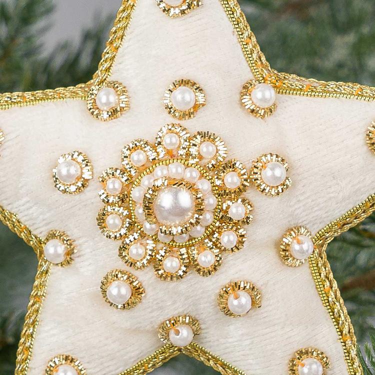 Ёлочная игрушка Белая барахатная звезда с жемчужинками White Velvet Star With Pearls 10 cm