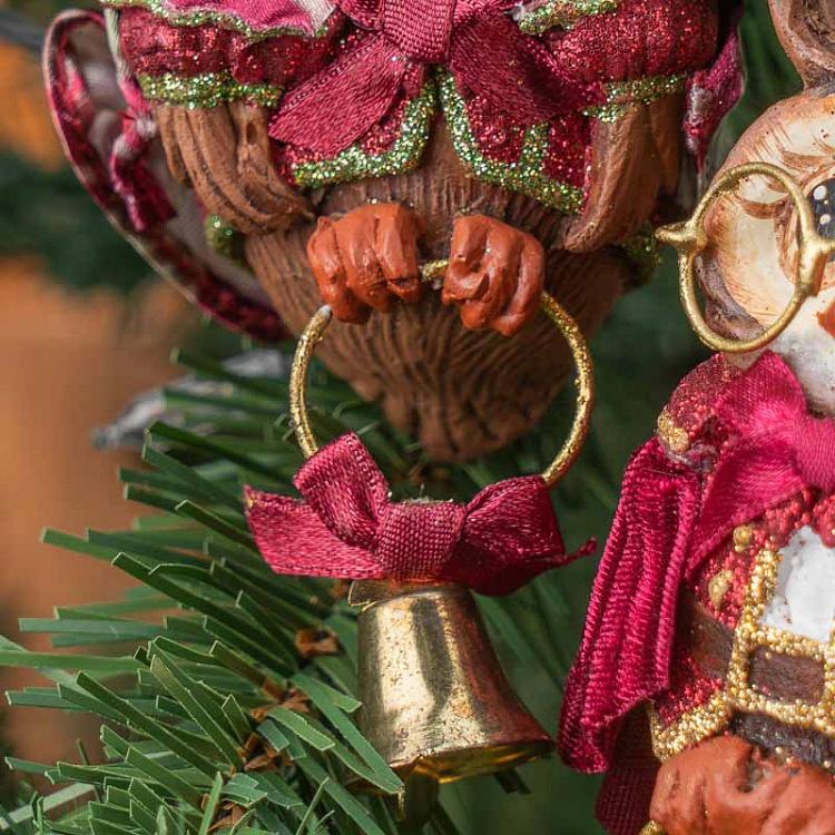 Набор из 2-х ёлочных игрушек Рождественские колядующие совы Set Of 2 Xmas Carol Boy And Girl Owl Burgundy/Green 10 cm