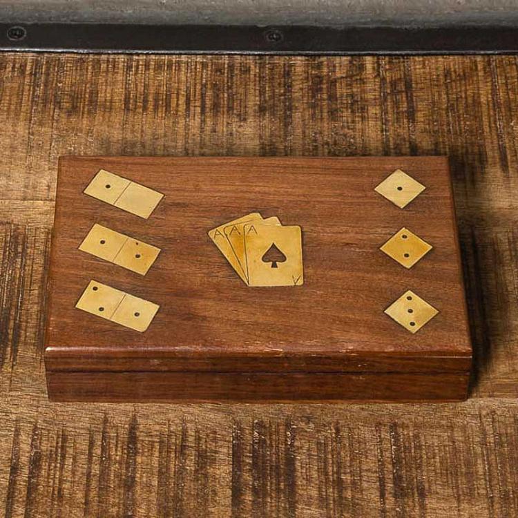Brass Details Game Box With Cards, Dices And Domino