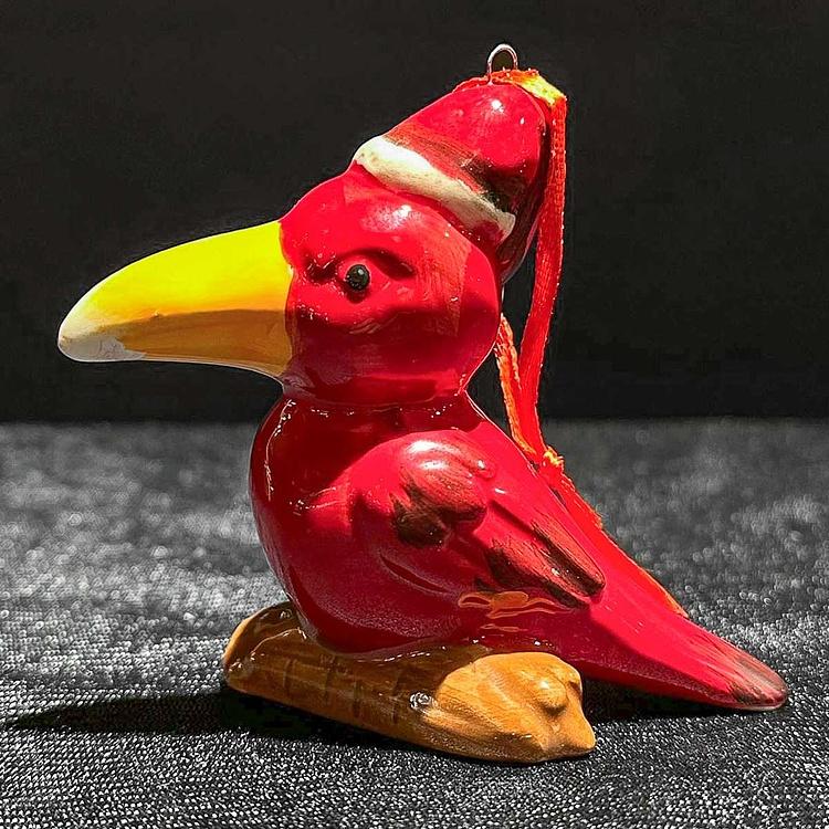 Ёлочная игрушка Красная птица в новогоднем колпачке дисконт Christmas Tree Decoration Bird 8 cm discount