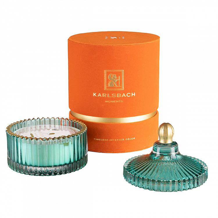 Арома-свеча в мятном рифлёном стакане Белый жасмин, S Aroma Candle In Mint Striped Glass White Jasmine Small