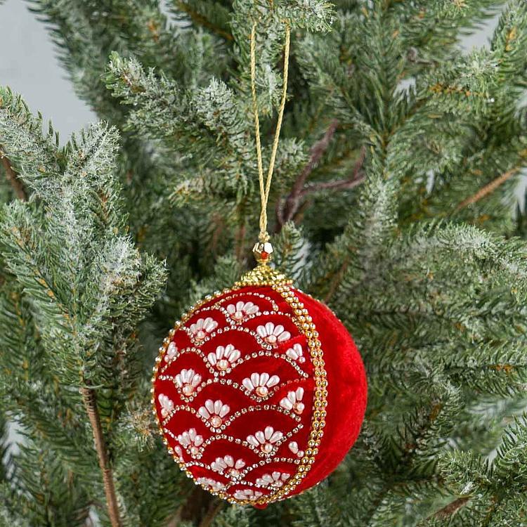 Ёлочная игрушка Красный шар с жемчугом и бисером Pearl Ornament Velvet Ball Red 10 cm