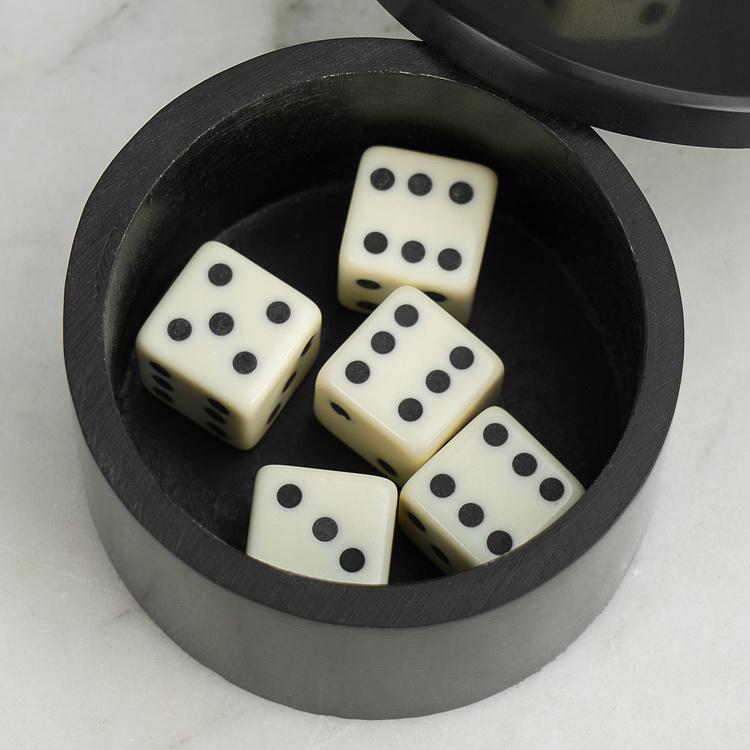 Белые игральные кости в чёрной круглой шкатулке  Black Dice Box With 6 Dices