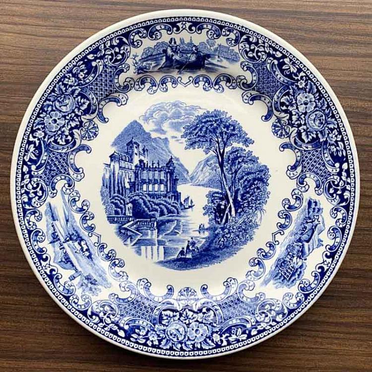 Винтажная тарелка белая с голубым мотивом 4, L Vintage Plate Blue White Large 4