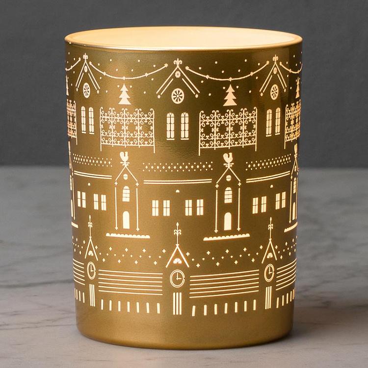 Candle Holder Christmas Houses Gold