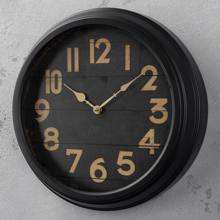 Чёрные настенные часы с деревянным циферблатом Black Clock With Wood Face