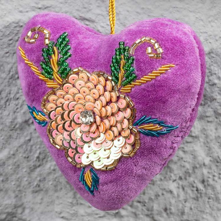 Ёлочная игрушка Лиловое сердце с бисером Heart Purple 10 cm