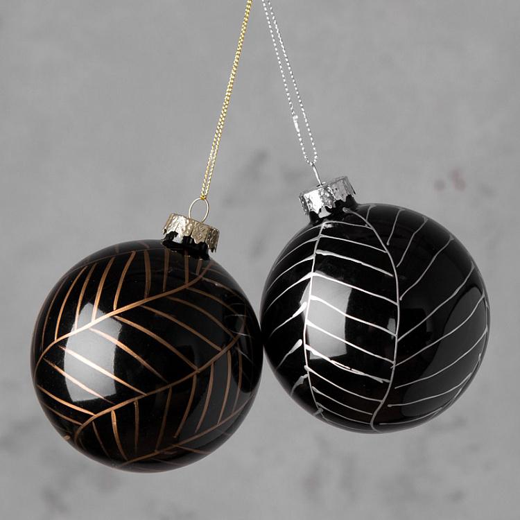 Набор из двух ёлочных шаров Флора Set Of 2 Glass Fishbone Pattern Balls Black 8 cm