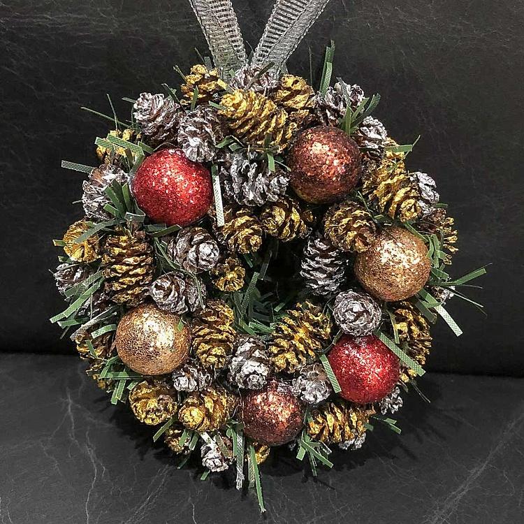 Венок-бублик с шишками и перламутровыми шарами 3, XS Wreath Bagel 3 Extra Small