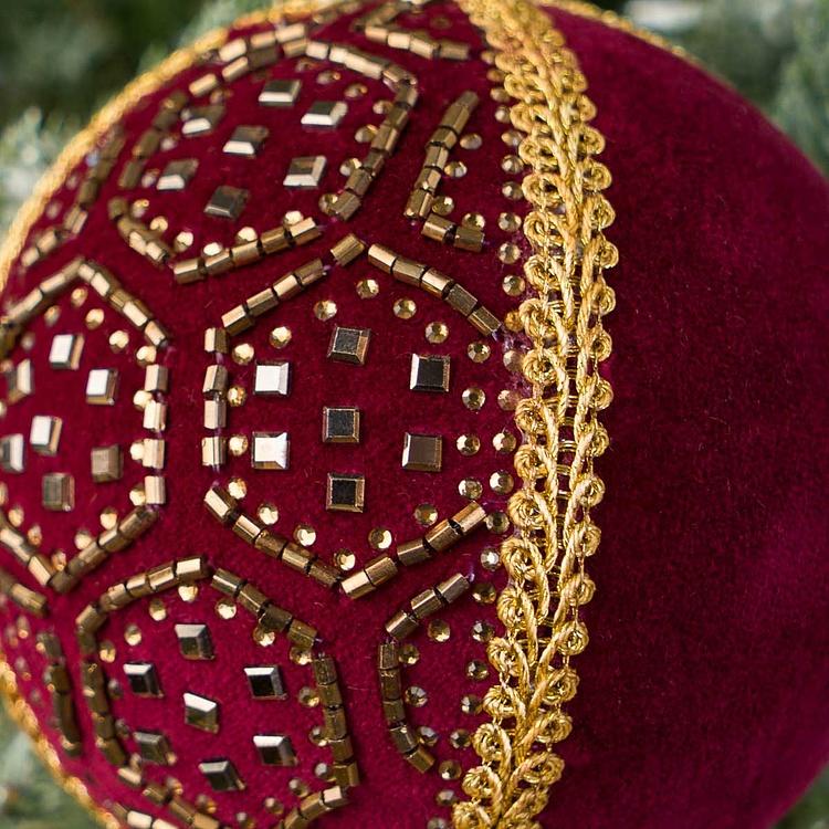 Ёлочная игрушка Бордовый текстильный шар с золотистым узором Gold Pattern Textile Ball Red 9 cm