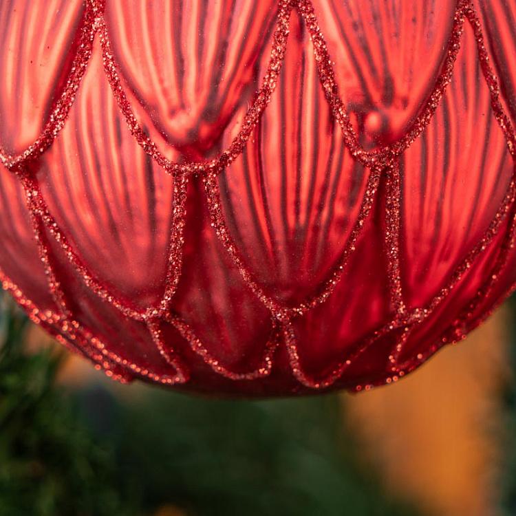 Набор из 3-х красных ёлочных шаров Лепестки с блёстками Set Of 3 Glass Glitter 3D Petal Balls Red 8 cm