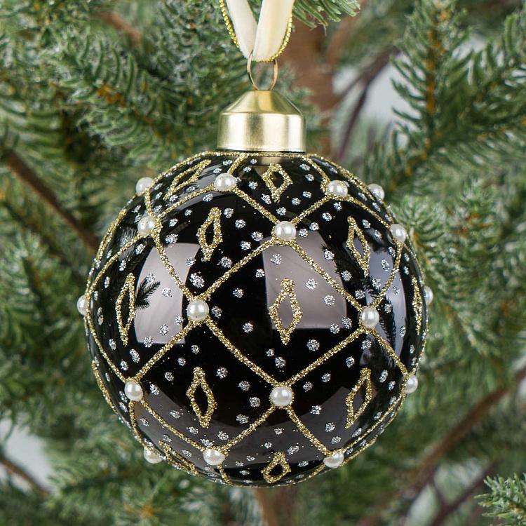 Ёлочный шар Волшебная ночь Geometric Pattern Ball Black With Pearls 8 cm