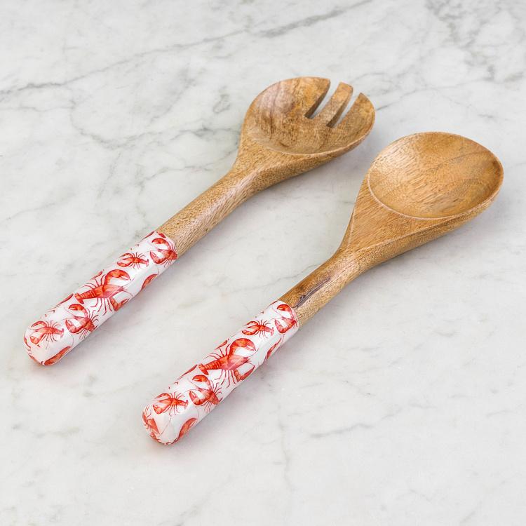 Набор из двух салатных ложек из дерева манго Лобстеры Set Of 2 Salad Servers Lobsters Mango Wood