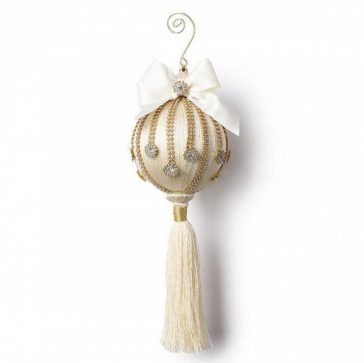 Новогодняя подвеска Бежевый шар с бантом, стразами и кисточкой Rhinestones Beige Ball Pendant With Tassel 26 cm