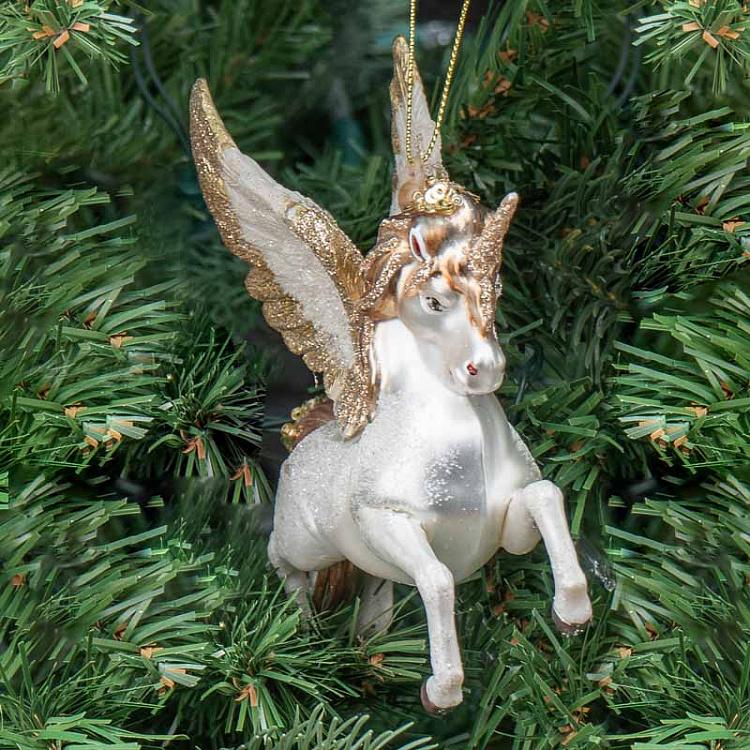 Ёлочная игрушка Фэнтезийный единорог с крыльями Glass Fantasy Unicorn With Wings White/Gold 15 cm