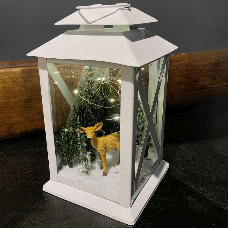 Белый декоративный фонарь с оленёнком Бэмби Fawn Bambi Lantern White 22 cm