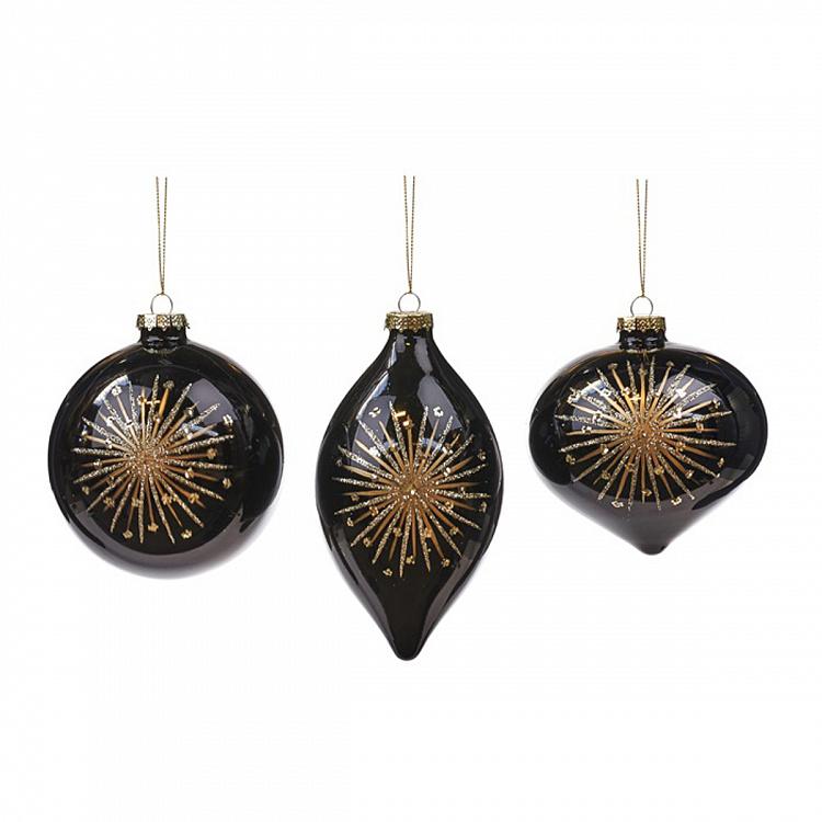 Набор из трёх ёлочных игрушек чёрного цвета Звездопад Set Of 3 Glass Starburst Ball Black 10 cm