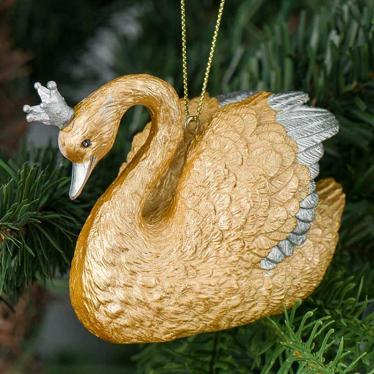 Ёлочная игрушка Лебедь с короной Metall Swan With Crown Champagne 9,5 cm