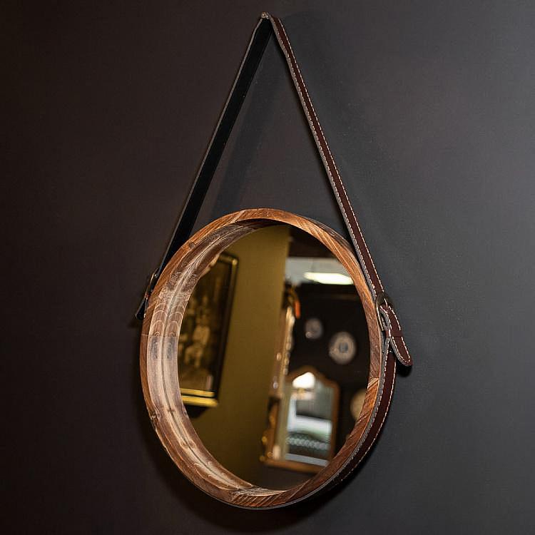 Настенное круглое зеркало из тёмного дерева на ремешке дисконт1 Round Dark Wood Mirror With Faux Leather Strap discount1