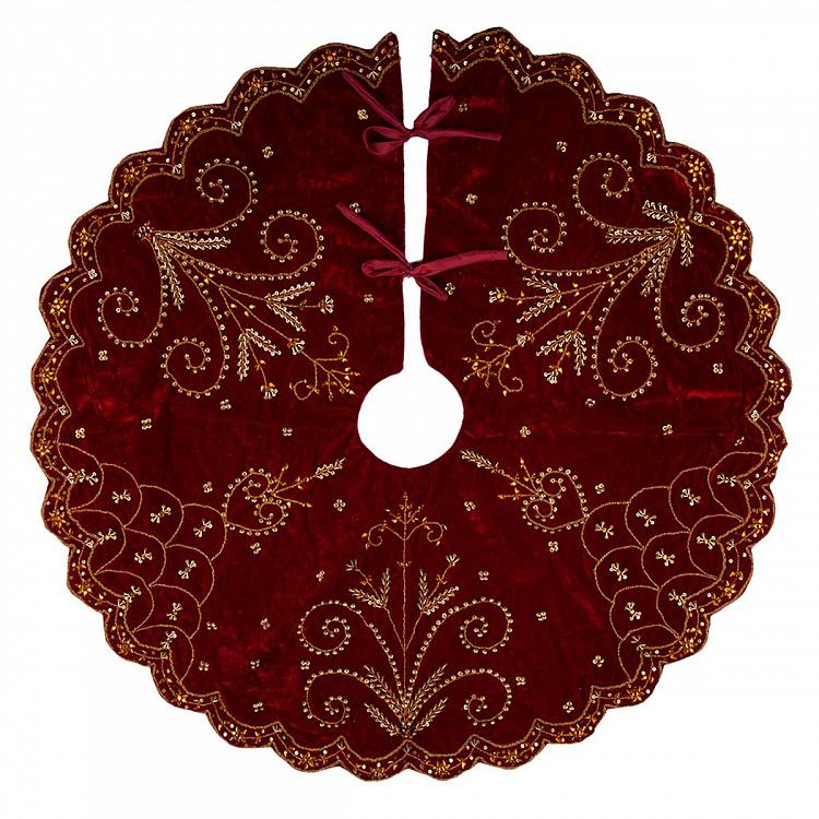 Бордовый коврик-юбка под ёлку с золотым узором Golden Pattern Christmas Tree Skirt Burgundy 105 cm