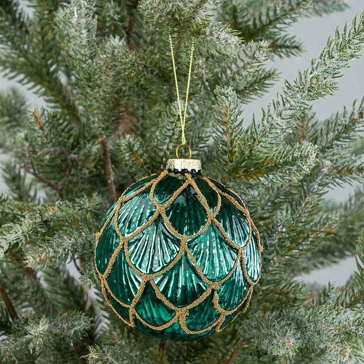 Зелёный ёлочный шар с золотым узором Шишка Glass Antique Pinecone Ball Green Gold 10 cm