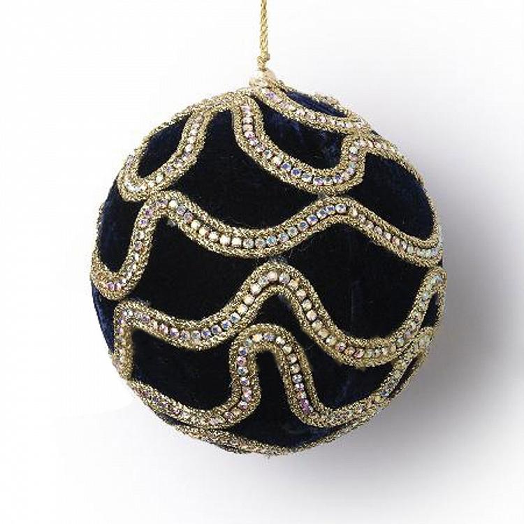 Ёлочная игрушка Тёмно-синий бархатный шар с золотистым орнаментом Gold Ornament Velvet Ball Dark Blue 12 cm