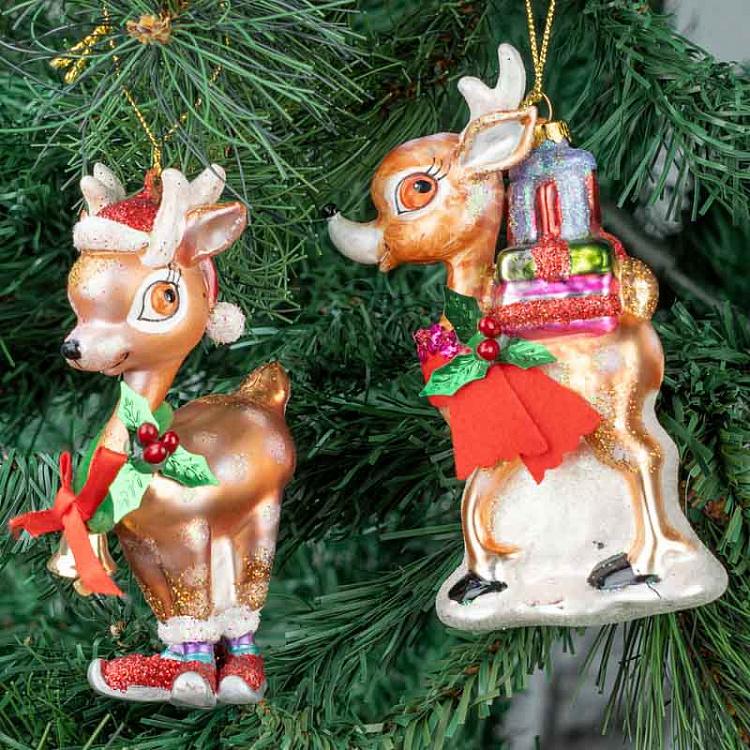 Набор из 2-х ёлочных игрушек Рождественские олени Set Of 2 Glass Xmas Deers Brown 14 cm