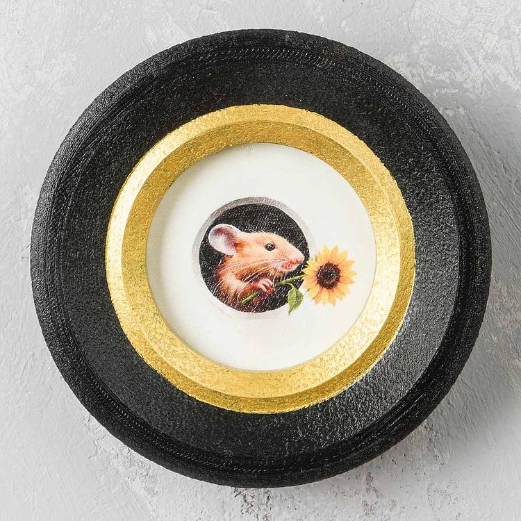 Картина в круглой раме Мышка с подсолнухом Sunflower Mouse Painting In Round Frame