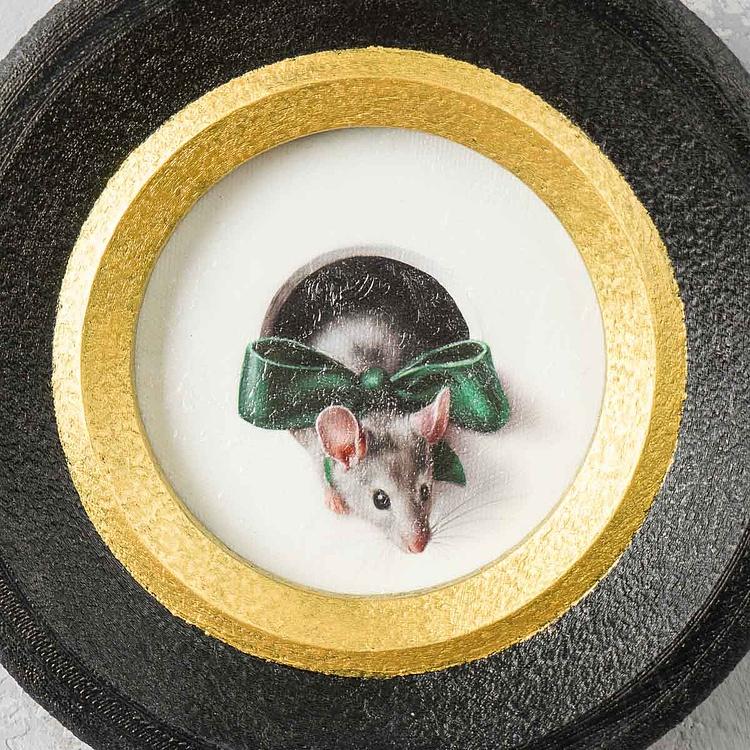 Картина в круглой раме Мышка с зелёным бантом Green Bow Mouse Painting In Round Frame