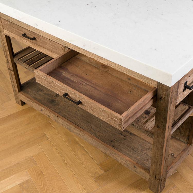 Кухонный стол-остров с мраморной столешницей Грета Greta Marble Top Kitchen Counter Reclaimed Wood