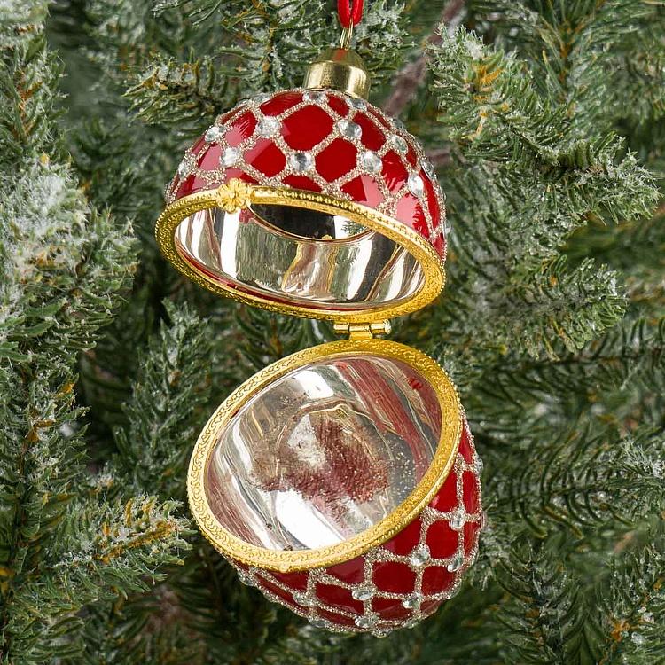 Ёлочная игрушка-шкатулка Красное яйцо с серебряным сеточным узором Xmas Egg Box Jewel Net Red Silver 9 cm