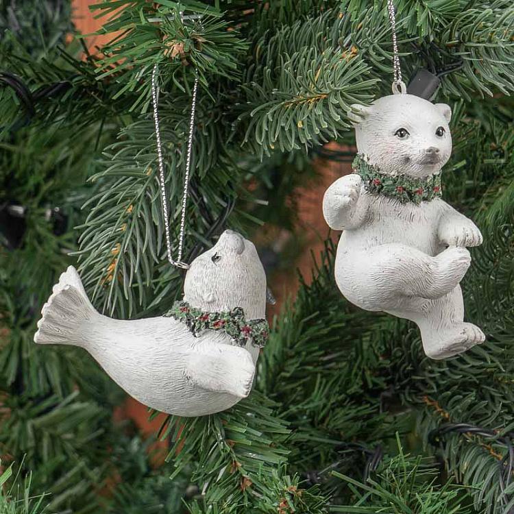 Набор из 2-х ёлочных игрушек Полярный медведь и тюлень Set Of 2 Xmas Polar Bear And Seal White 10 cm