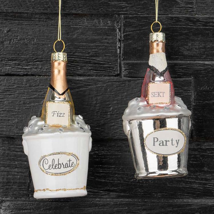 Набор из двух ёлочных игрушек Шампанское в ведре со льдом Set Of 2 Glass Hangers Champagne Coolers 9 cm